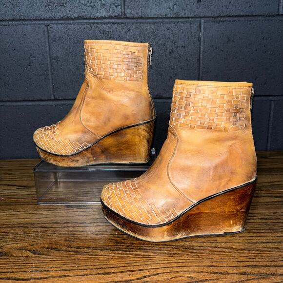 Bed|Stu Women’s 7 Tan Leather Woven Wedge Ankle Boots Boho Artisan Style - Picture 2 of 9
